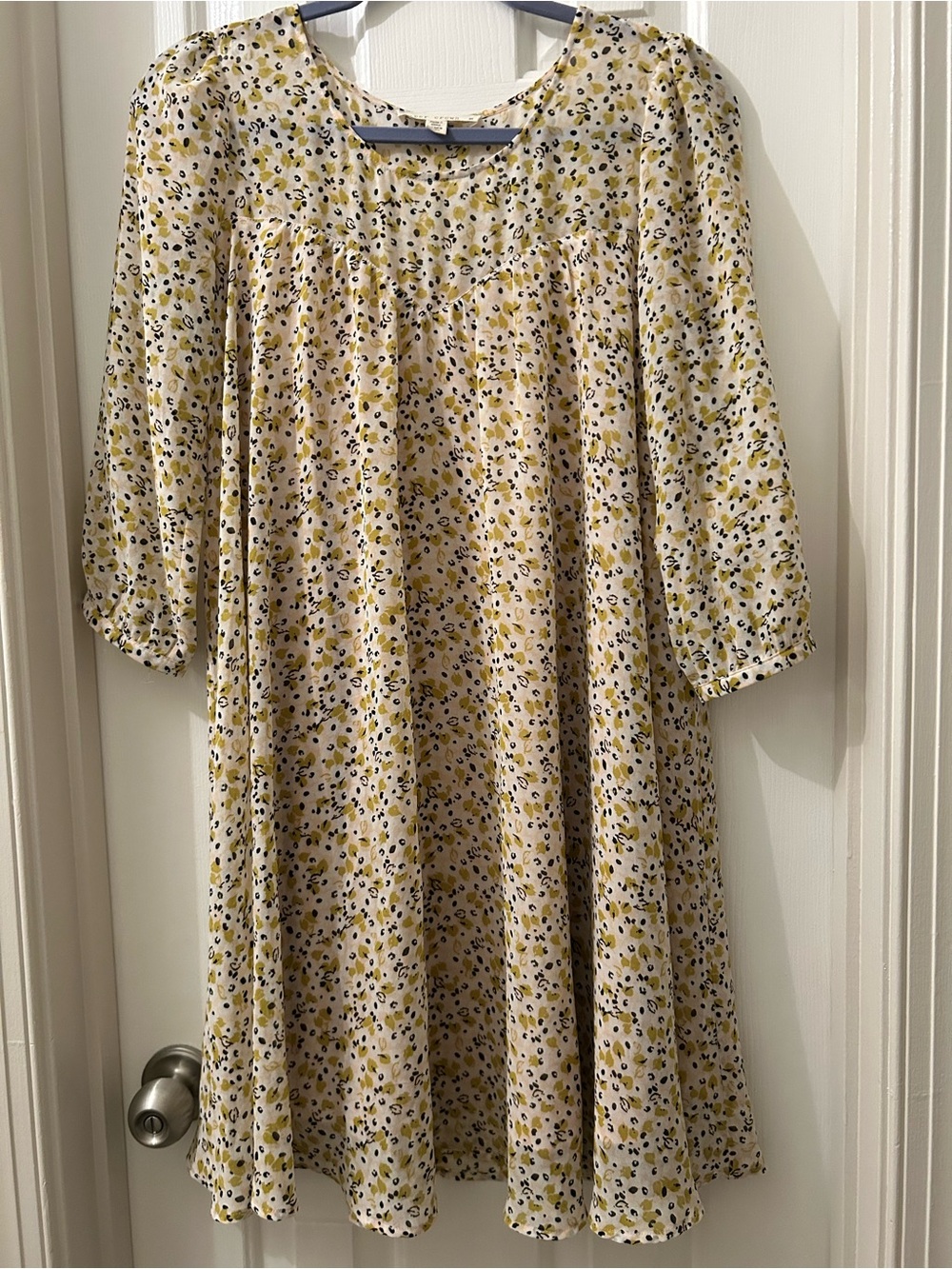Anthropologie Cream Floral Dot Swing Dress with Yellow and Black floral pattern